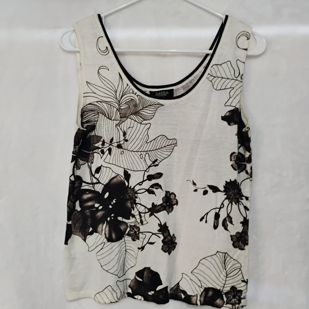 Peck & Peck Floral Linen Blend Knit Tank Top Brown Cream Medium